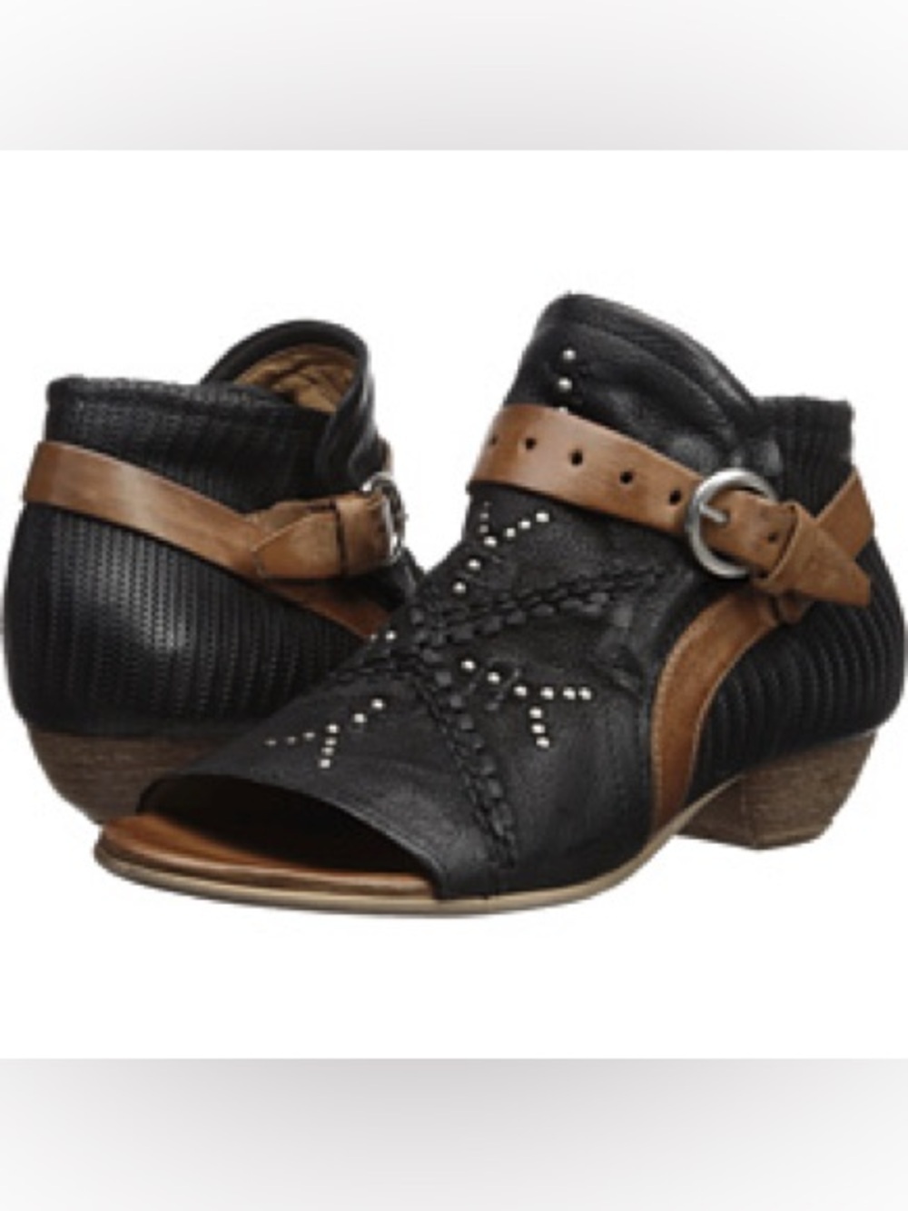Miz Mooz Caitlin Distressed Leather Boho Peep Toe Sandals Black Size 40